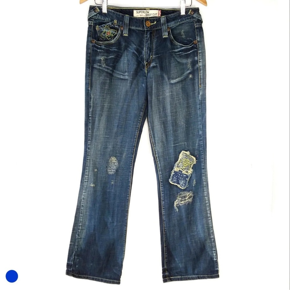 Y2K Levi's 518 Super Low Boot Cut Jeans Size 9M Distressed Patches Embroidered - Picture 1 of 12